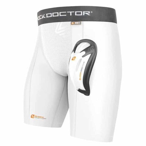 Kompressionsshorts med Skridtbeskytter - Shock Doctor Compression Shorts med Cup - Hvid