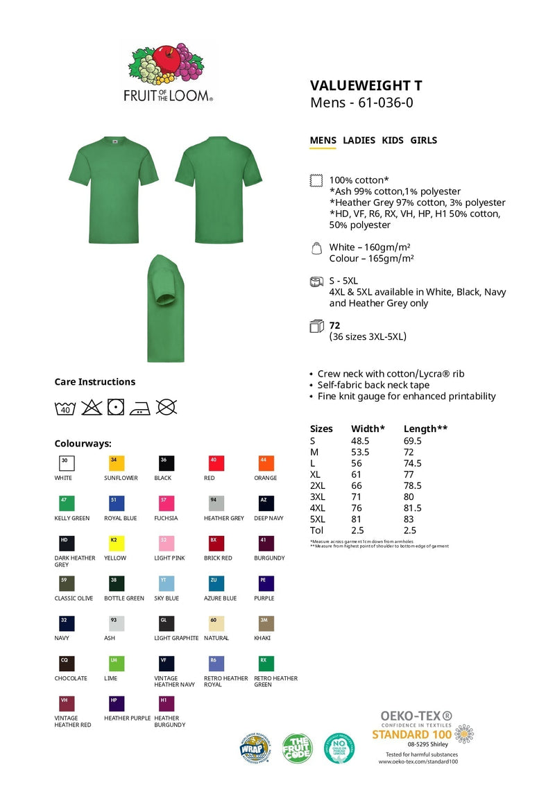 T-Shirt - Fruit of the Loom - 'Valueweight T' - Olivengrøn